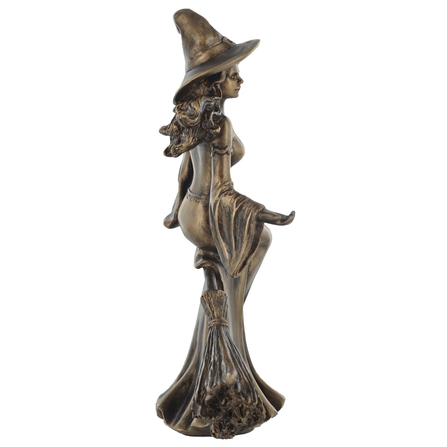 Witch Riding Broom Figurine In Bronze Finish