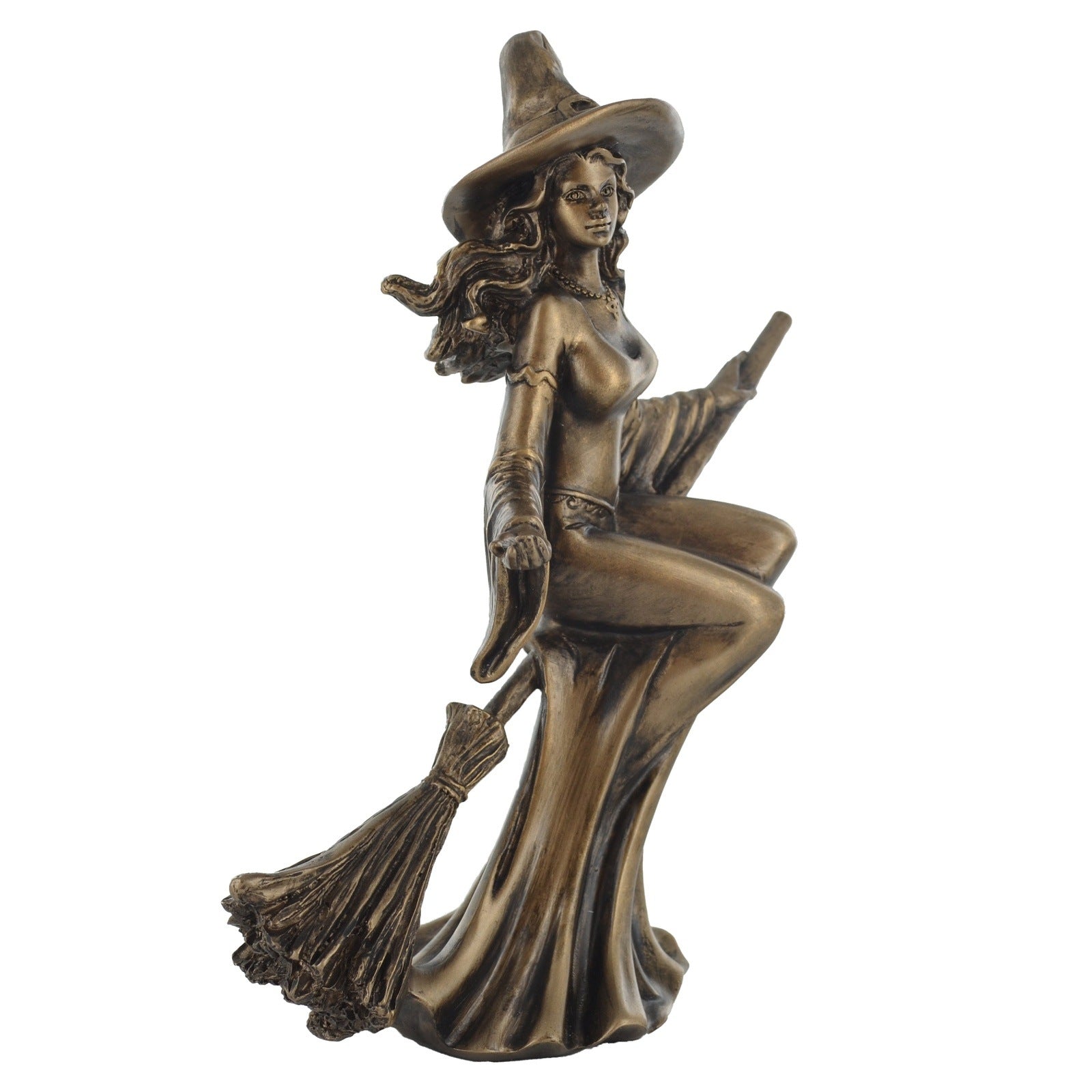Witch Riding Broom Figurine In Bronze Finish