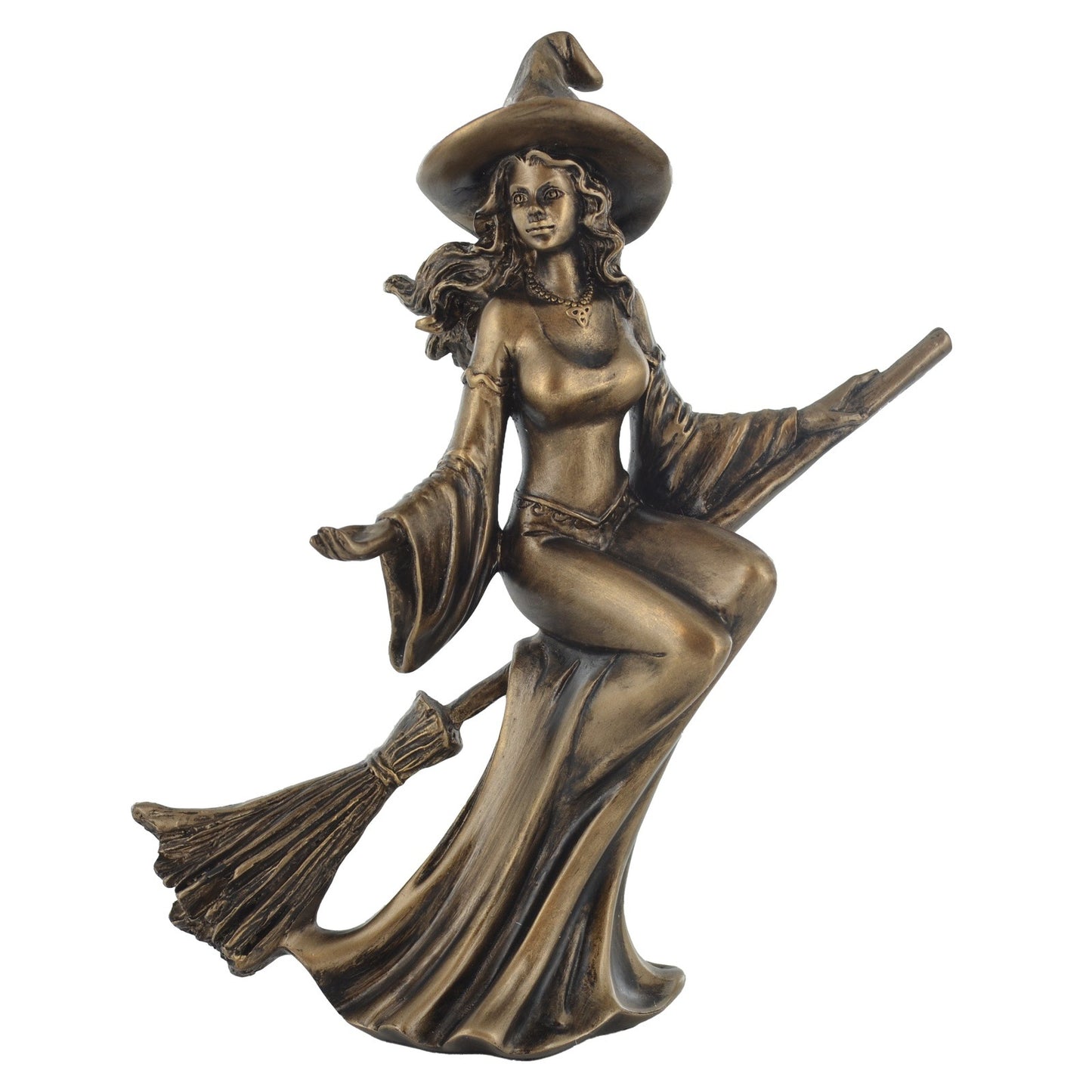 Witch Riding Broom Figurine In Bronze Finish