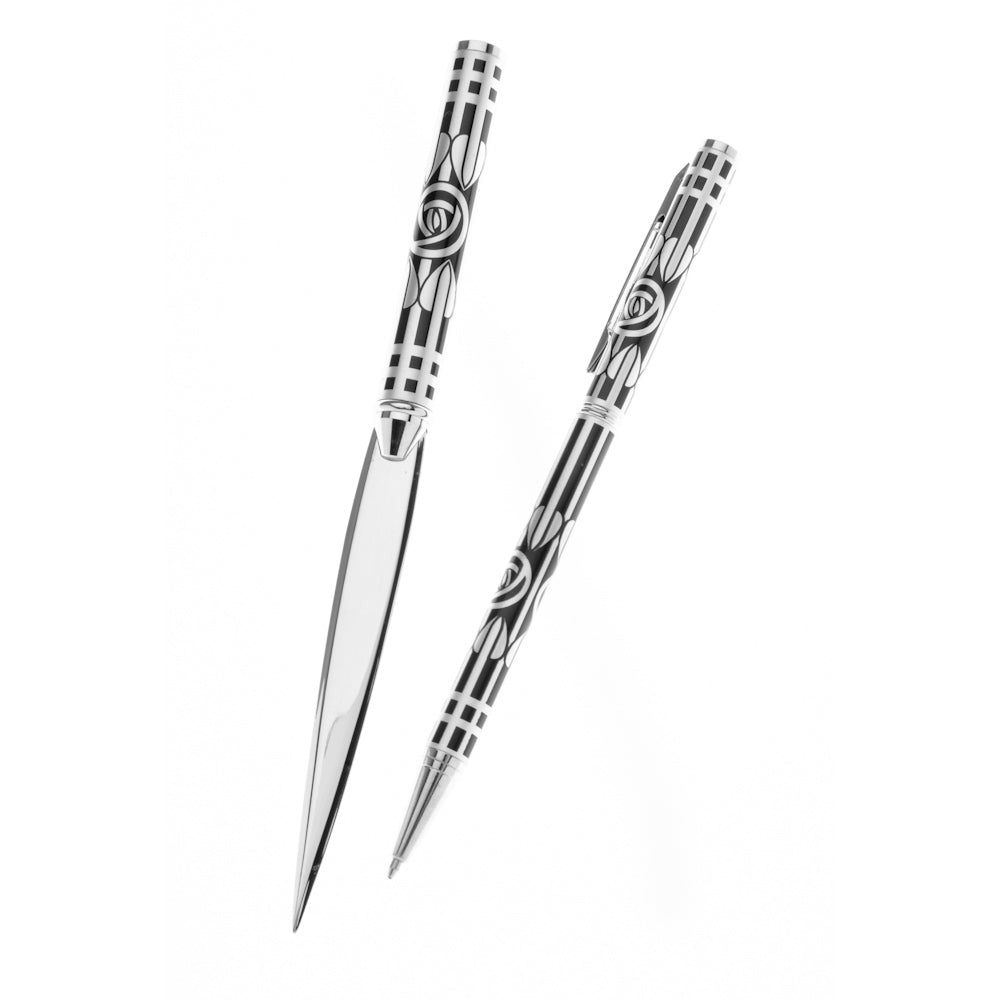 Pen & Letter Opener Set With Mackintosh Silver & Black Rose & Arrow Design