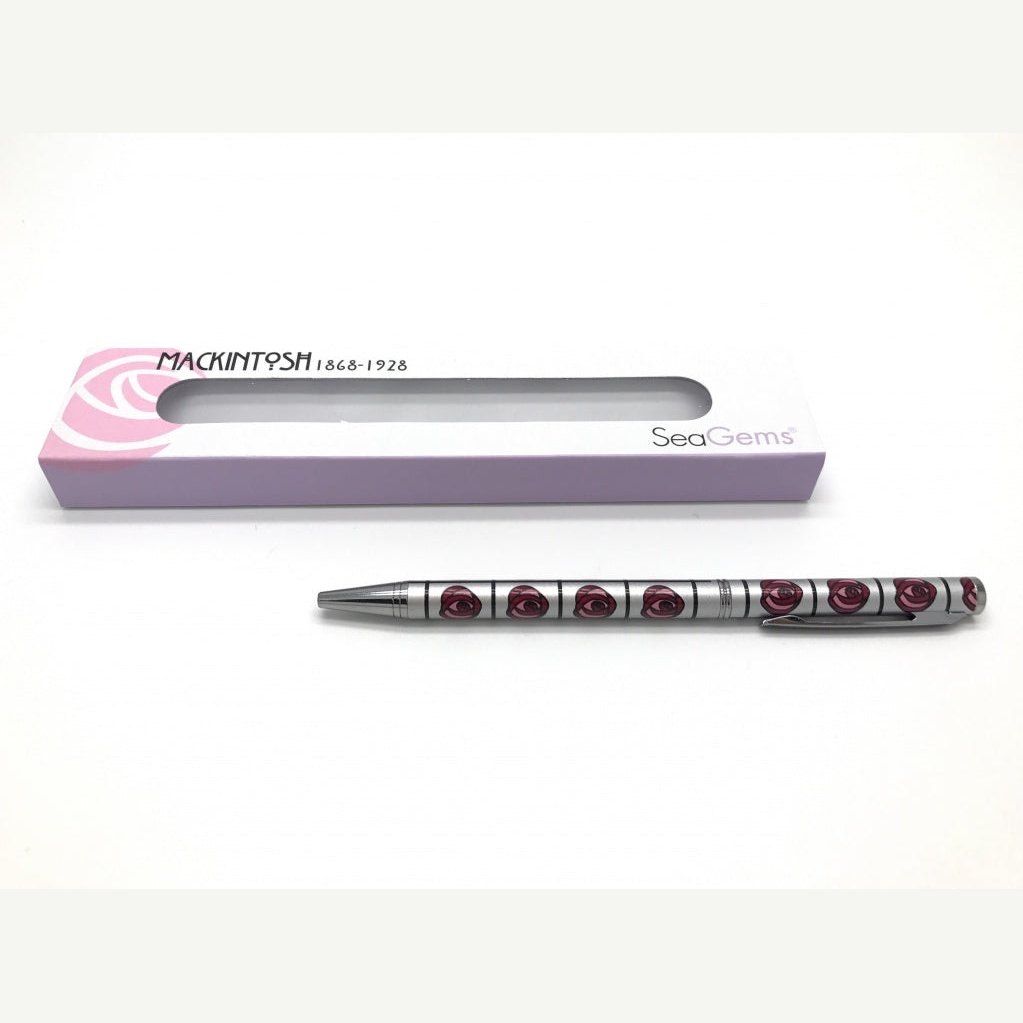 Silver & Red Mackintosh Rose Lattice Design Slimline Ballpoint Pen