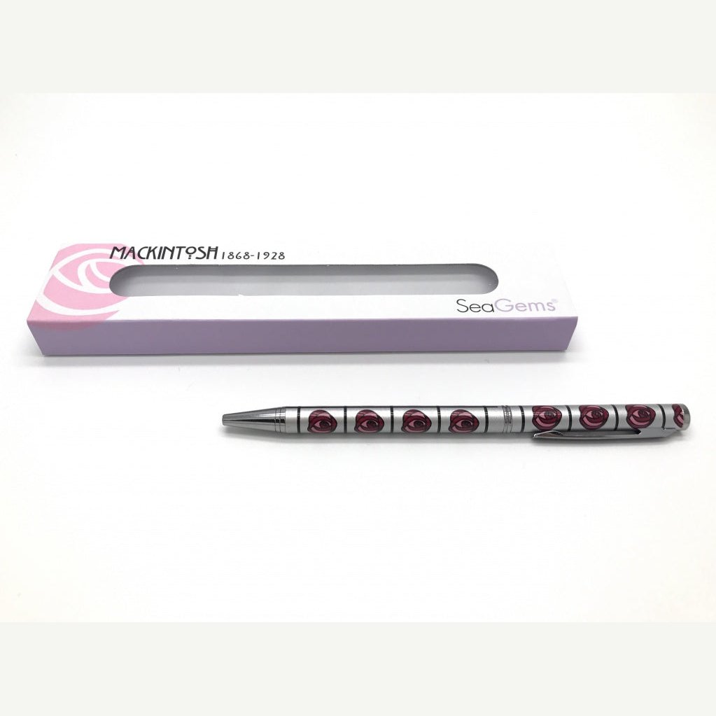 Silver & Red Mackintosh Rose Lattice Design Slimline Ballpoint Pen - Present Days