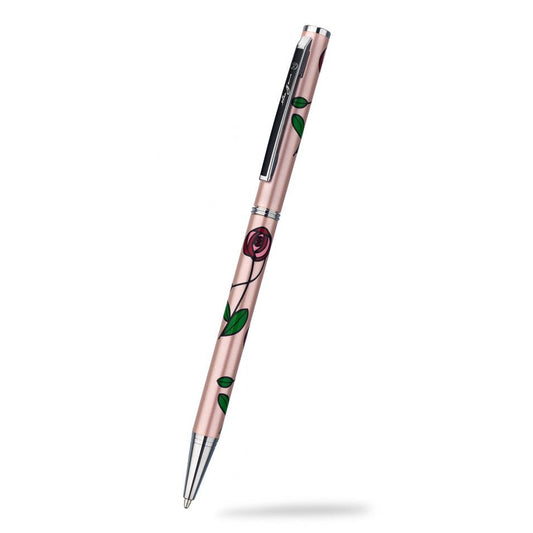 Slimline Ballpoint Pen Mackintosh Rose & Stem Design In Pearl Pink