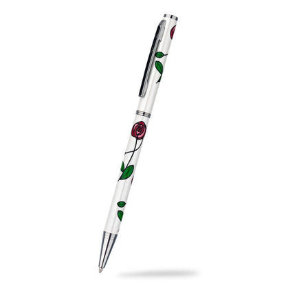 Slimline Ballpoint Pen Mackintosh Rose & Stem Design In Pearl White