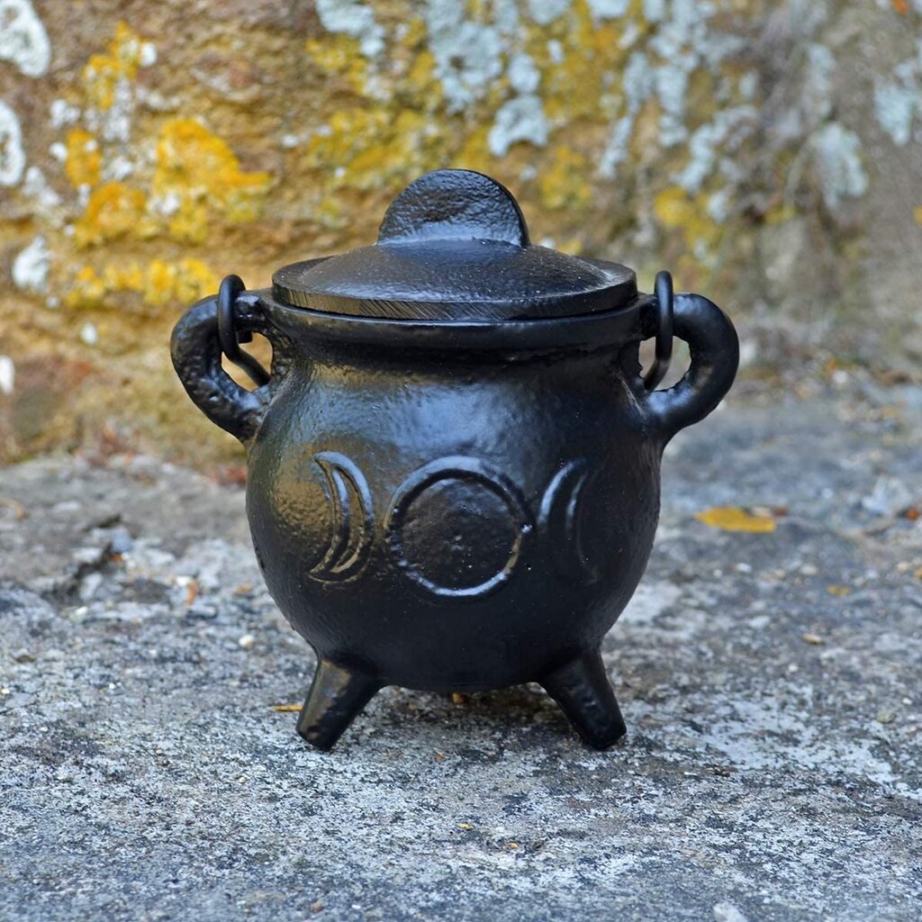 Cast Iron Small Cauldron Triple Moon Design With Removable Lid