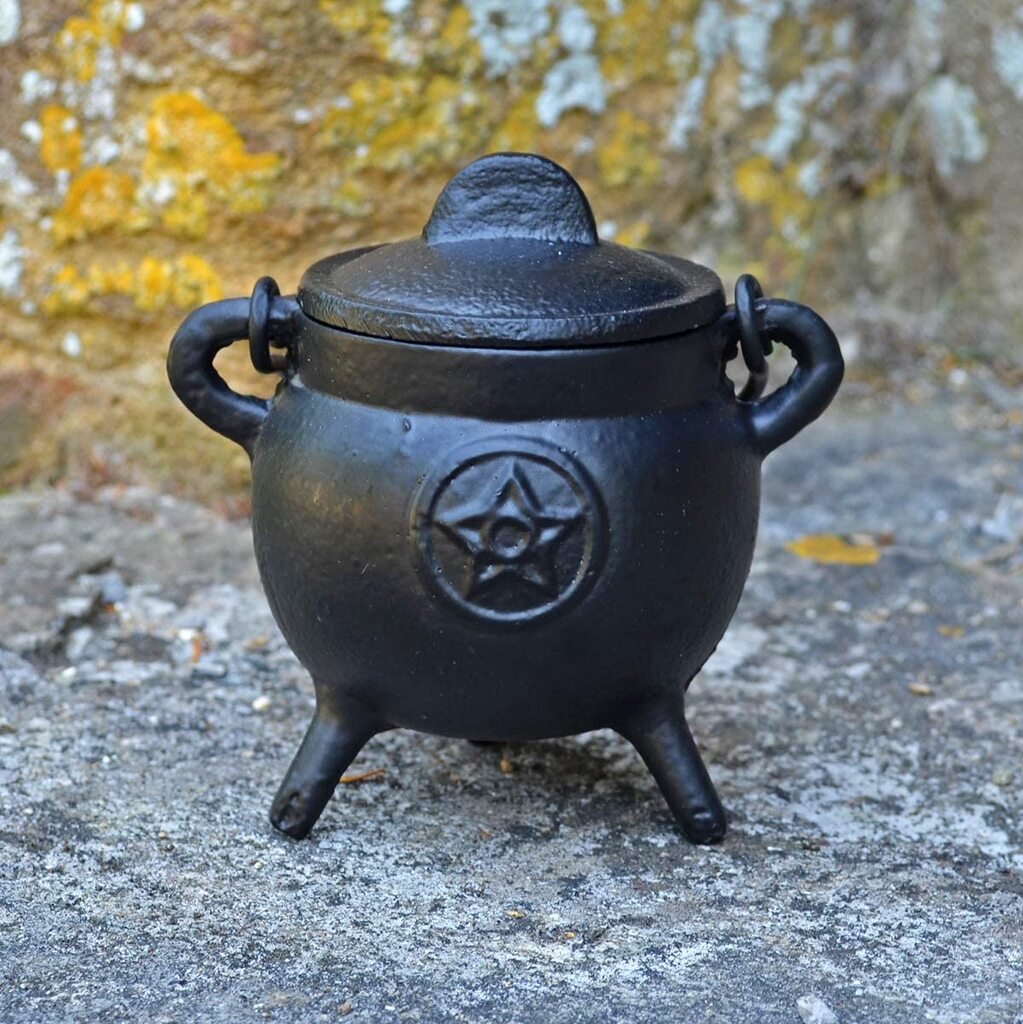 Cast Iron Small Cauldron Pentagram Design With Removable Lid