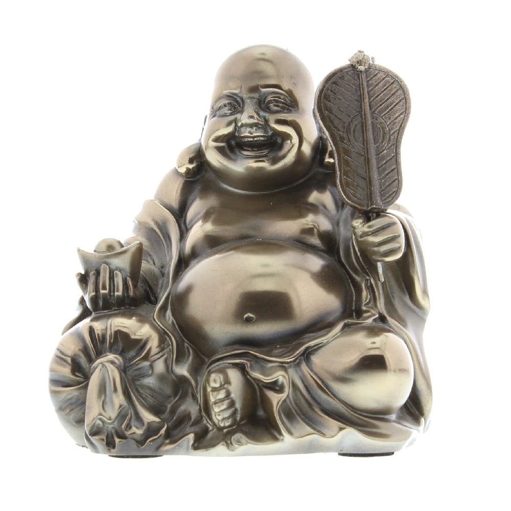 Happy Buddha With Golden Nugget & Leaf In Bronze Finish - Present Days