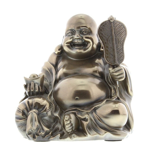 Happy Buddha With Golden Nugget & Leaf In Bronze Finish
