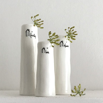 East of India Porcelain Trio Of Bud Vases Family, Home, Love