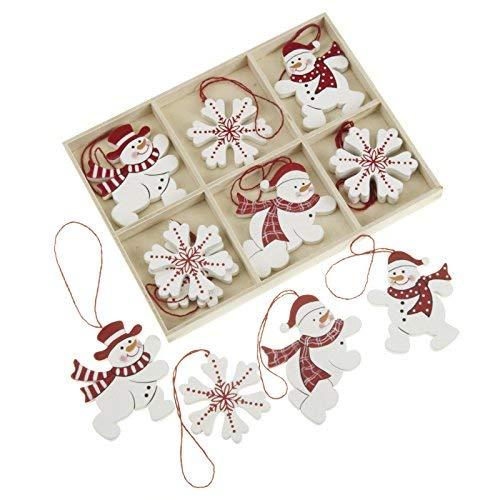 Snowman and Snowflake Wooden Christmas Tree Decorations Set of 12