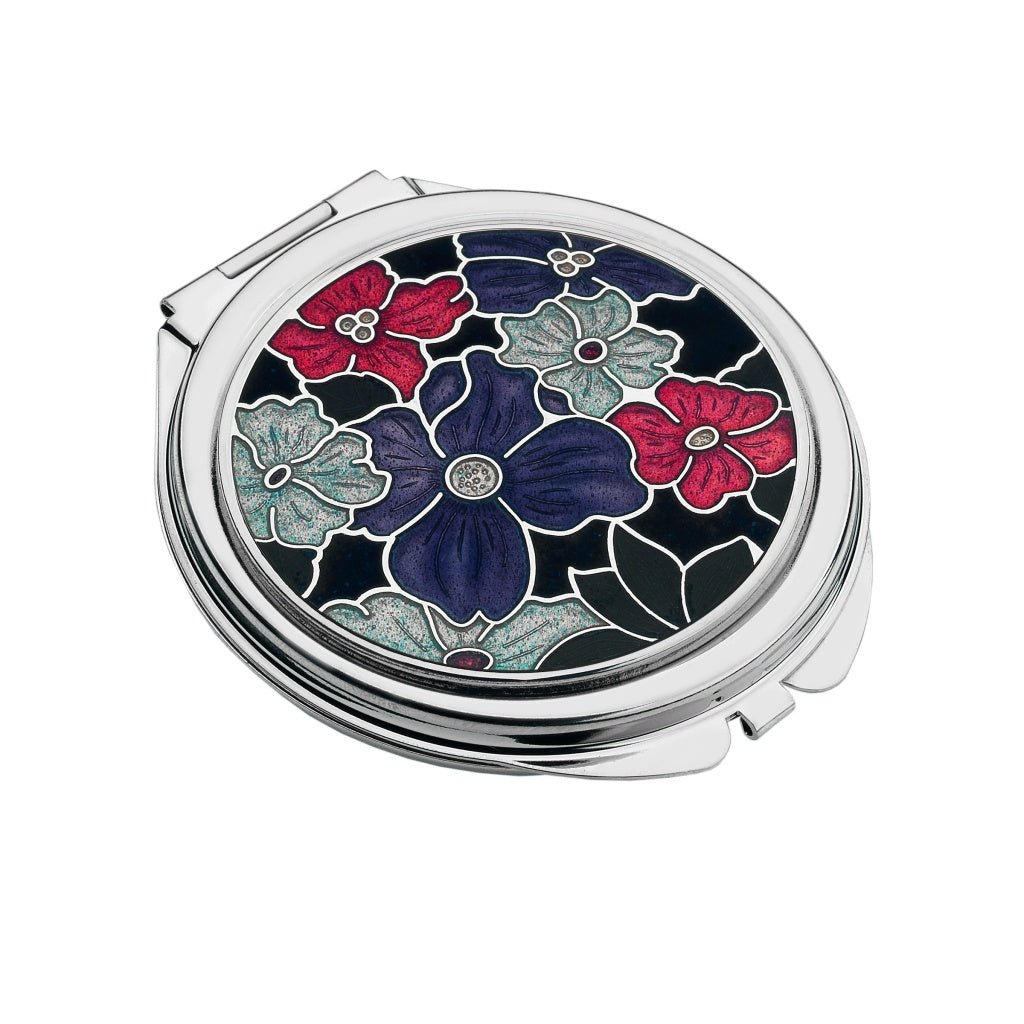 Compact Mirror Enamelled Multi Flower Design In Purple, Red & Cream