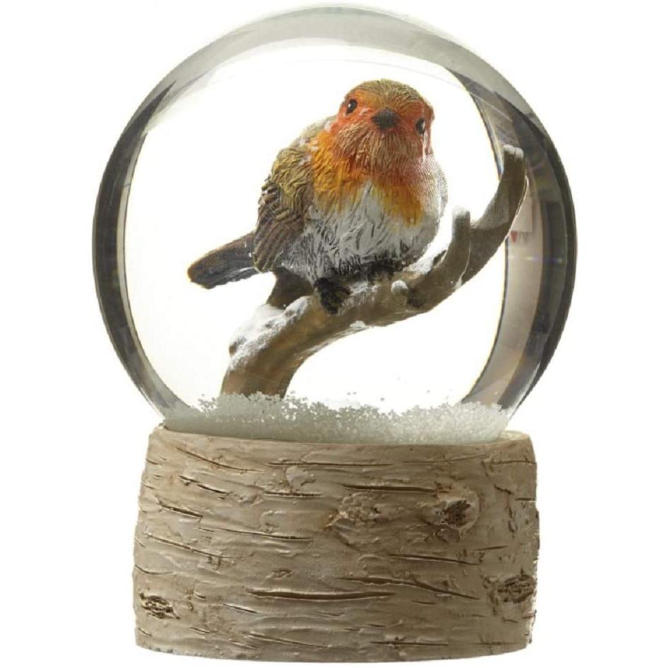 Robin On Branch Snow Globe On Wood Effect Base