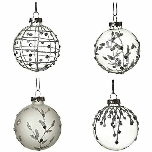 Set Of 4 Frosted & Clear, Silver Glitter Glass Baubles