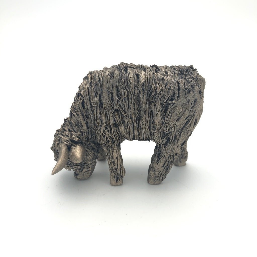 Frith - Fiona Miniature Highland Cow Grazing Sculpture By Veronica Ballan