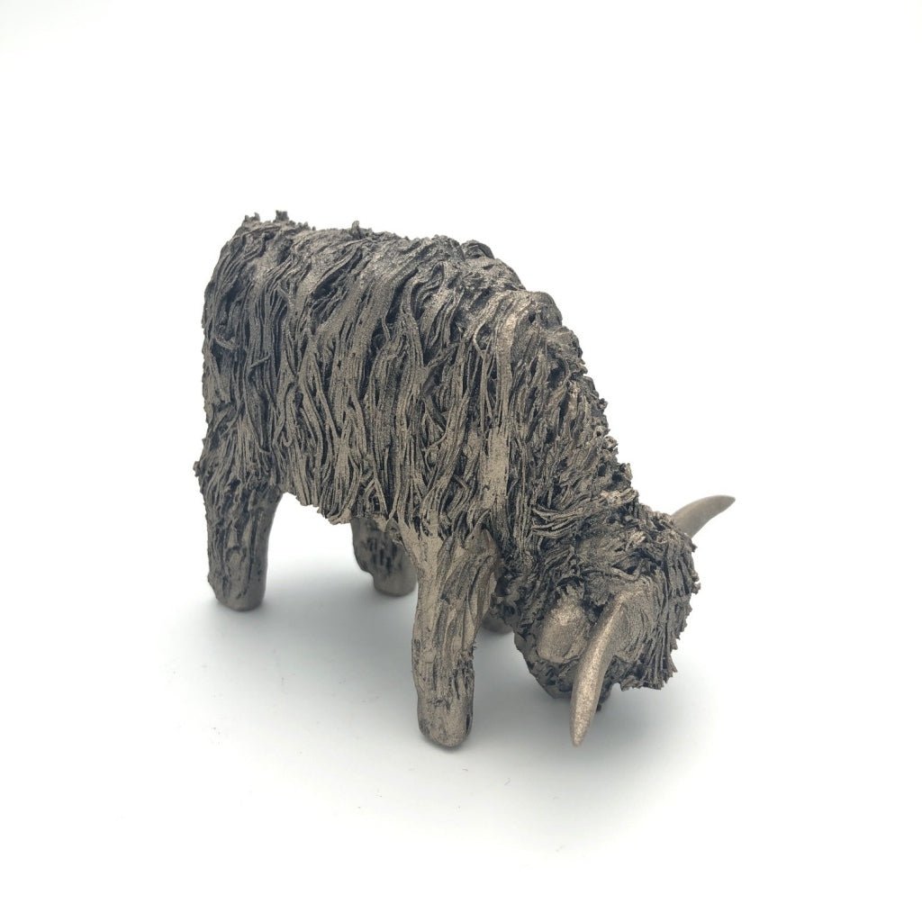 Frith - Fiona Miniature Highland Cow Grazing Sculpture By Veronica Ballan