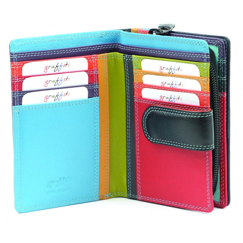 Leather Flap Over Tab Purse Cards & Cash Black & Multi Colour - Present Days