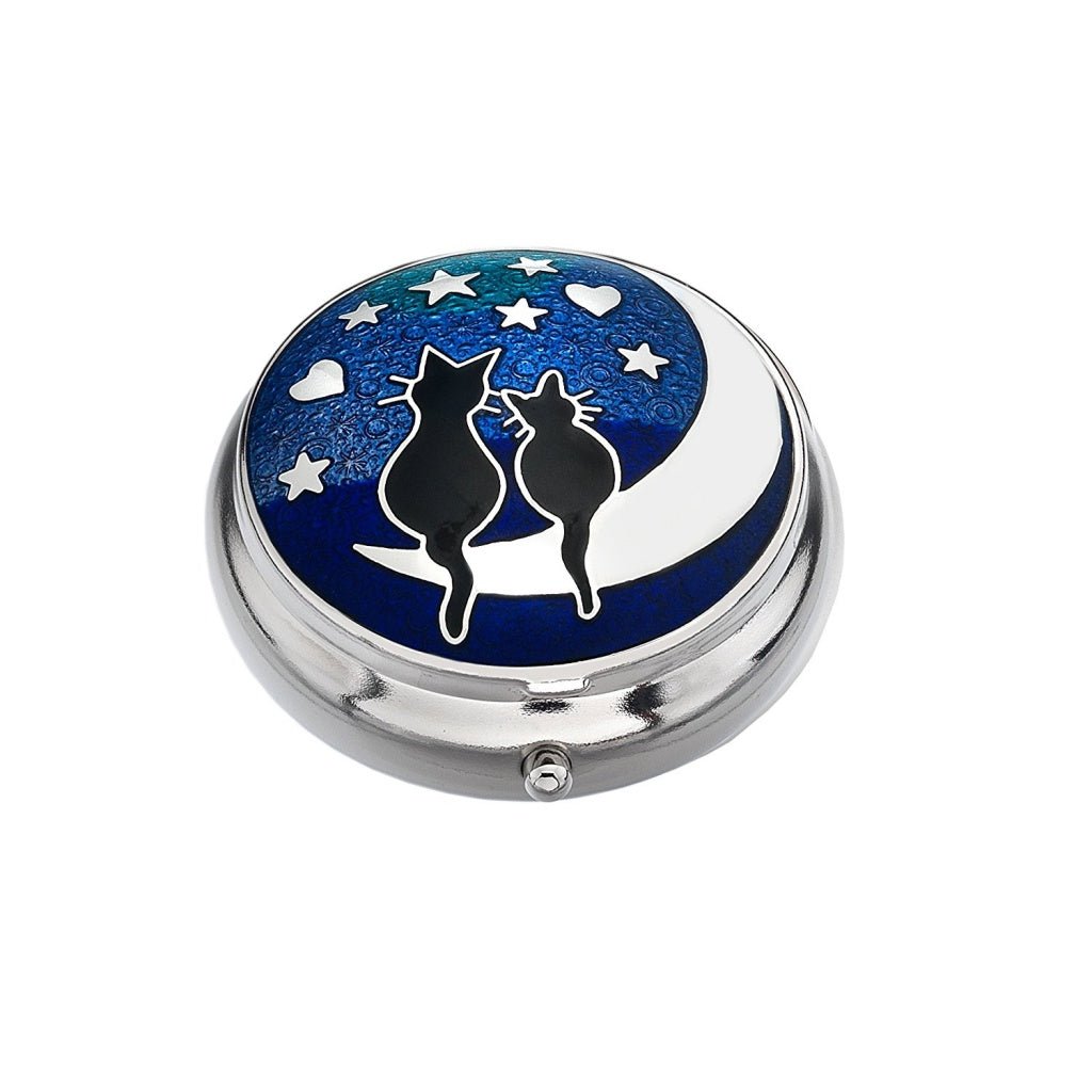 Black Cat & Moon Design Enamel & Silver Plated Pill Box