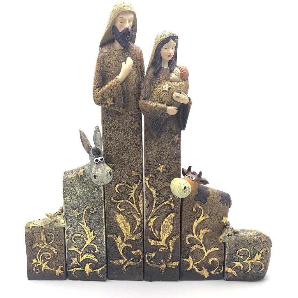 Christmas Decoration Nativity Set - Mary, Jesus, Joseph, Cow, Donkey & 2 Sheep