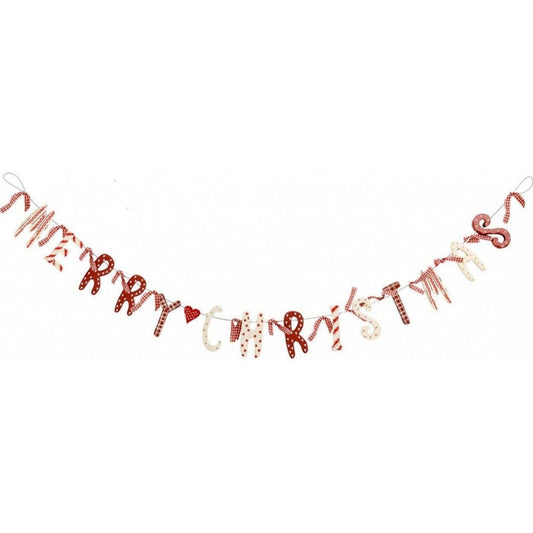 Merry Christmas Wooden Garland In Red & Cream Shabby Chic Style