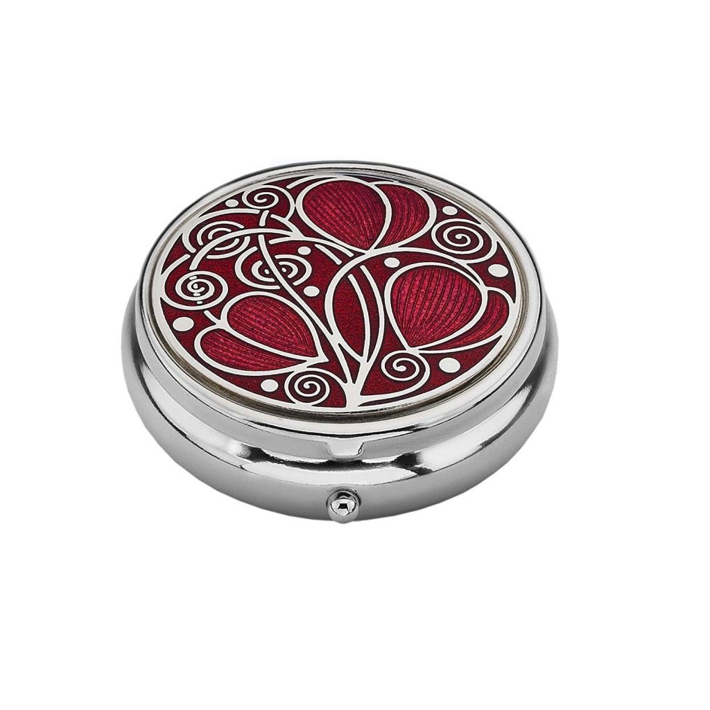 Red Mackintosh Leaves & Coils Design Enamel & Silver Plated Pill Box 3 Compartments - Present Days