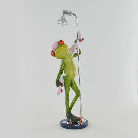 Comical Frogs Showering Frog Small Resin Figurine