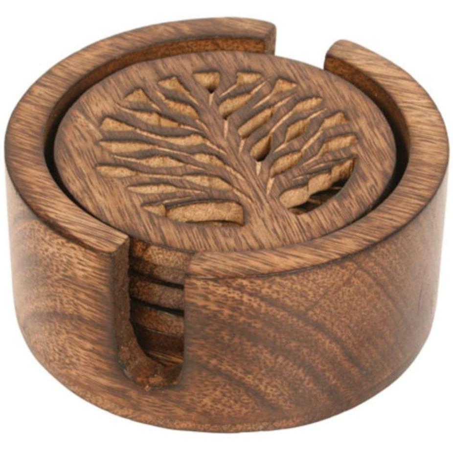 Hand Carved Tree Of Life Set Of 6 Coasters In Stand