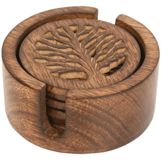 Hand Carved Tree Of Life Set Of 6 Coasters In Stand