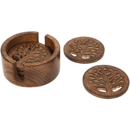 Hand Carved Tree Of Life Set Of 6 Coasters In Stand