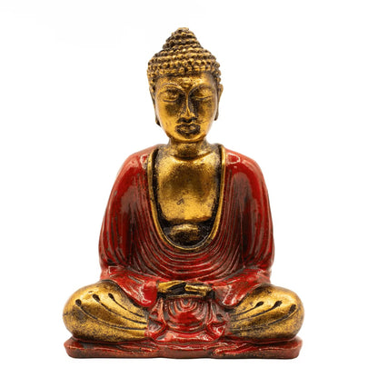 A seated Buddha figurine with a gold finish on the head, chest, and hands, and a deep red robe, shown against a plain white background.