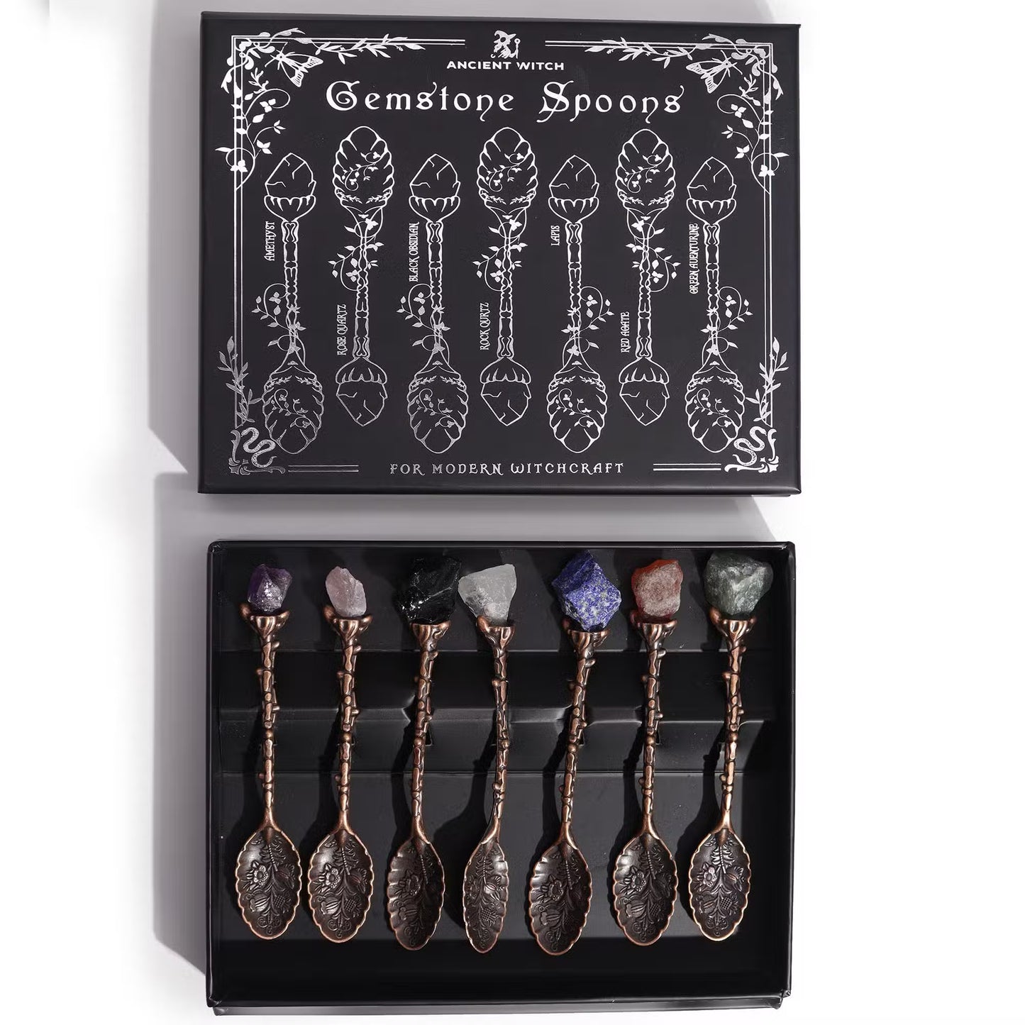 Gemstone Spoon Set 7 Piece Crystal Spoons Raw Gemstones with Embossed Handles in Bronze
