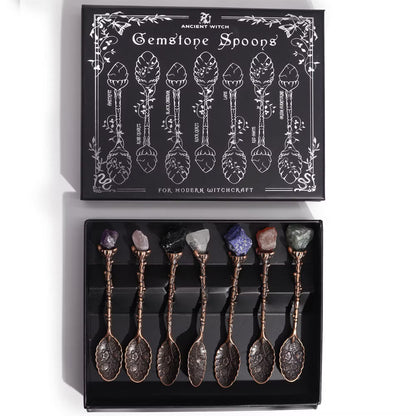 Gemstone Spoon Set 7 Piece Crystal Spoons Raw Gemstones with Embossed Handles in Bronze