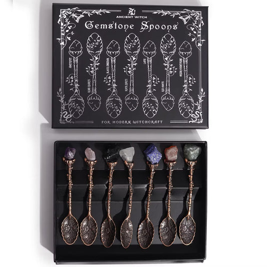 Gemstone Spoon Set 7 Piece Crystal Spoons Raw Gemstones with Embossed Handles in Bronze