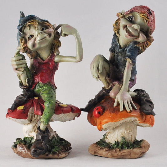 Pixie Sat on Mushrooms Set of 2 Garden Or Home Decor Figurine