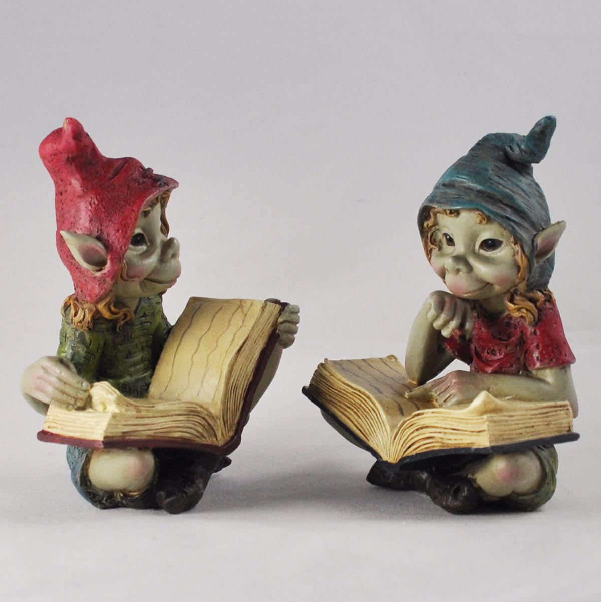 Pixie Sat Reading Books Set of 2 Garden Or Home Decor Figurine