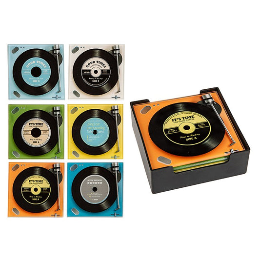 Record On Player Design Square Glass Drink Coasters Set of 6