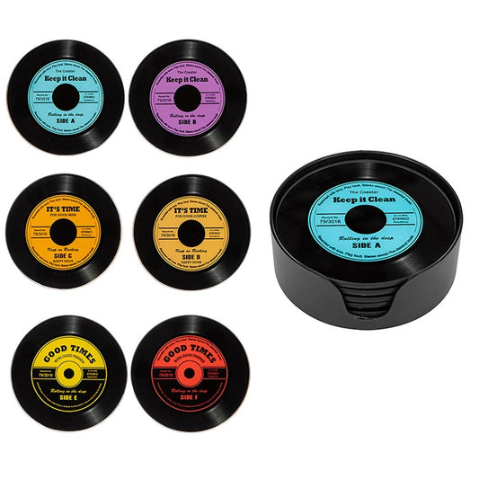 Record Design Glass Drink Coasters Set of 6 In Holder