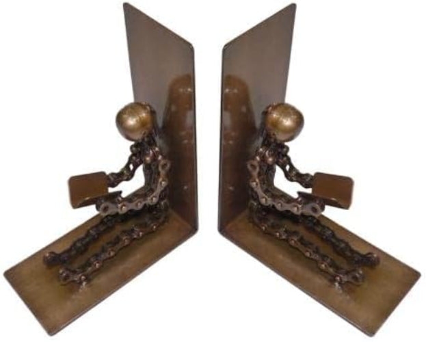 A pair of decorative metal bookends shaped like seated figures with chain-link legs and round metallic heads, shown on a plain white background.