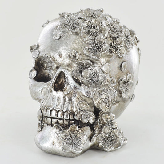Silver Skull Ornament With Flowers