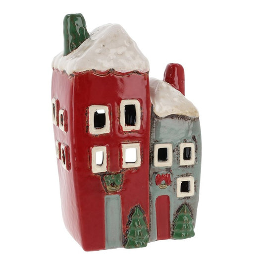 Village Pottery Christmas Two Tall Cottages Tea Light Holder Red & Grey