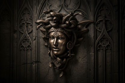 Bronze statue of Medusa against a dark, ornate background