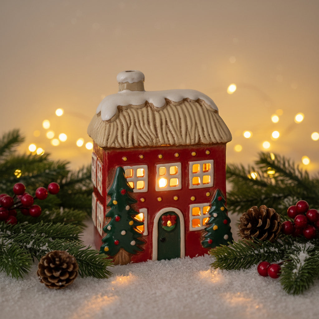 A small decorative gingerbread house ornament with a red facade, beige textured roof, white snow, green door and Christmas trees, and gold dot accents, shown on a plain white background.