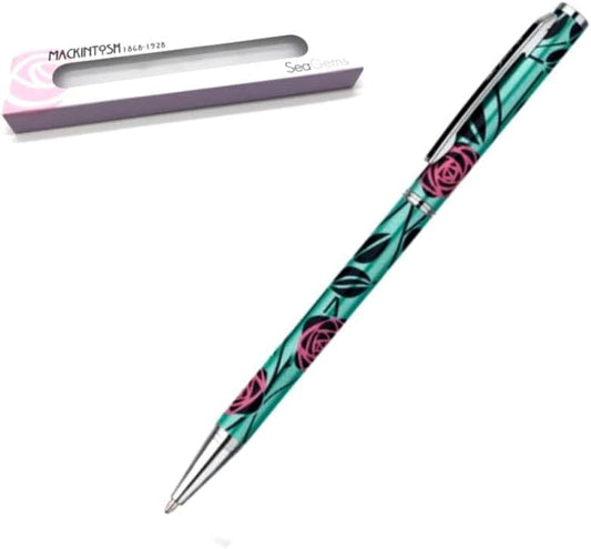 Slimline Ballpoint Pen Mackintosh Rose & Stem Design In Green