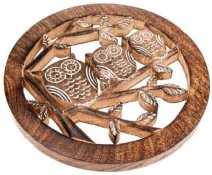 Mango Wood Carved Trivet Owls On Branch Fair Trade Product