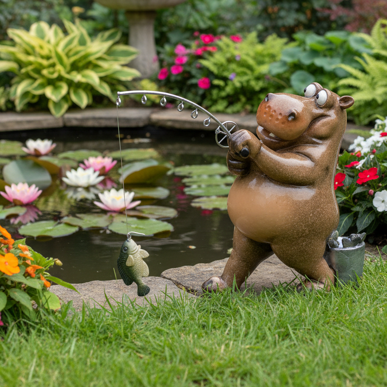 A brown hippo garden statue holding a curved fishing rod stands beside a small pond in a landscaped garden with flowers, greenery, and a stone birch tree in the background.