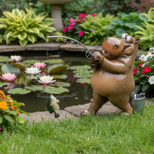 A brown hippo garden statue holding a curved fishing rod stands beside a small pond in a landscaped garden with flowers, greenery, and a stone birch tree in the background.