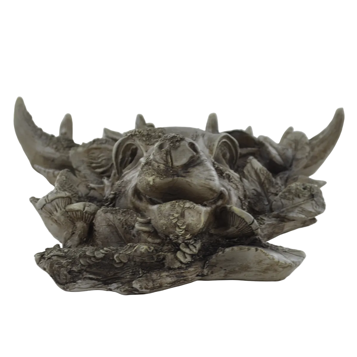 A detailed, rustic gothic figurine shaped like a stag head nestled among mushrooms and textured foliage, finished in a weathered gray-brown stone-like material.