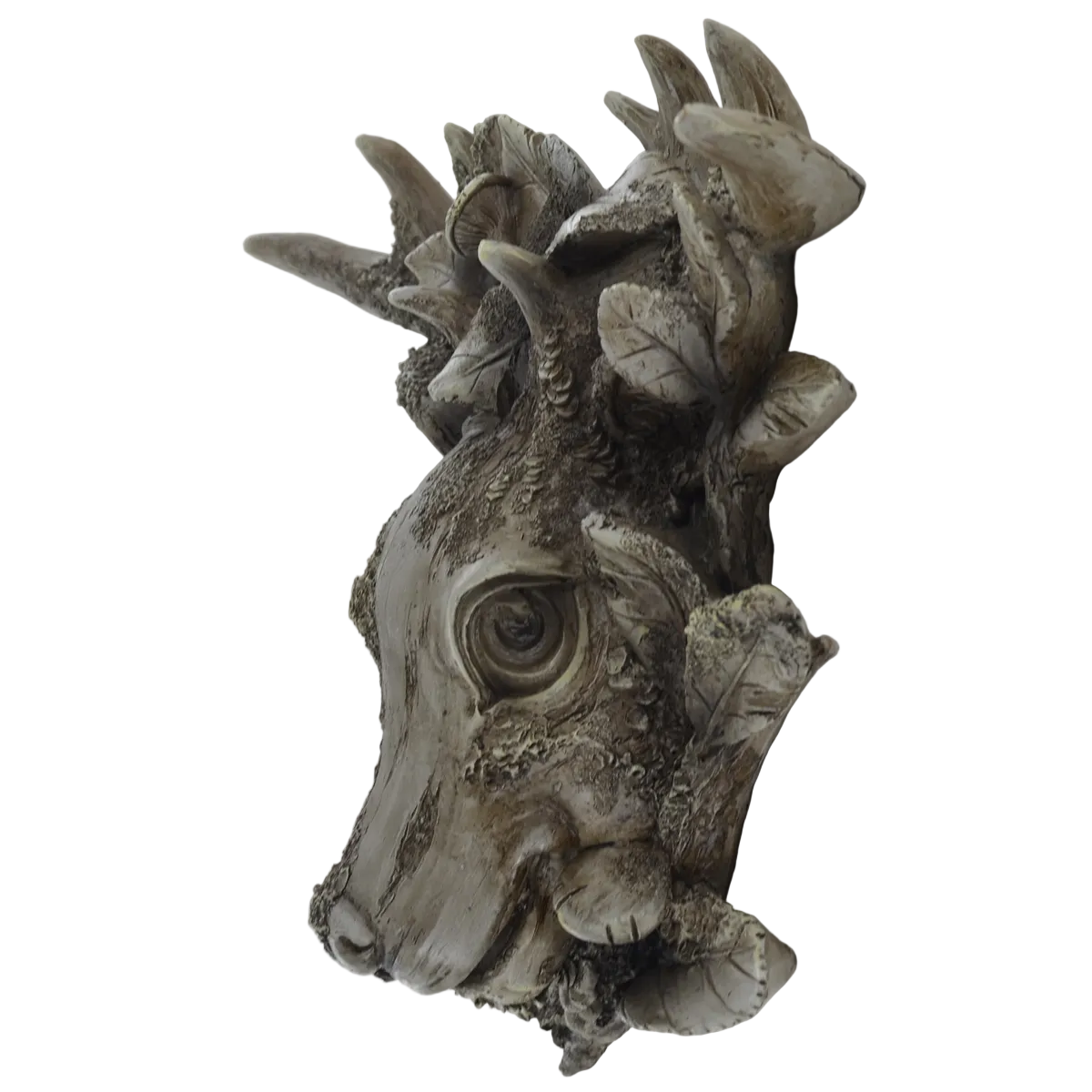 A sculptural wall-mounted deer head sculpture, featuring detailed antlers, a carved eye, and leaf-like organic details, shown against a plain light gray background.