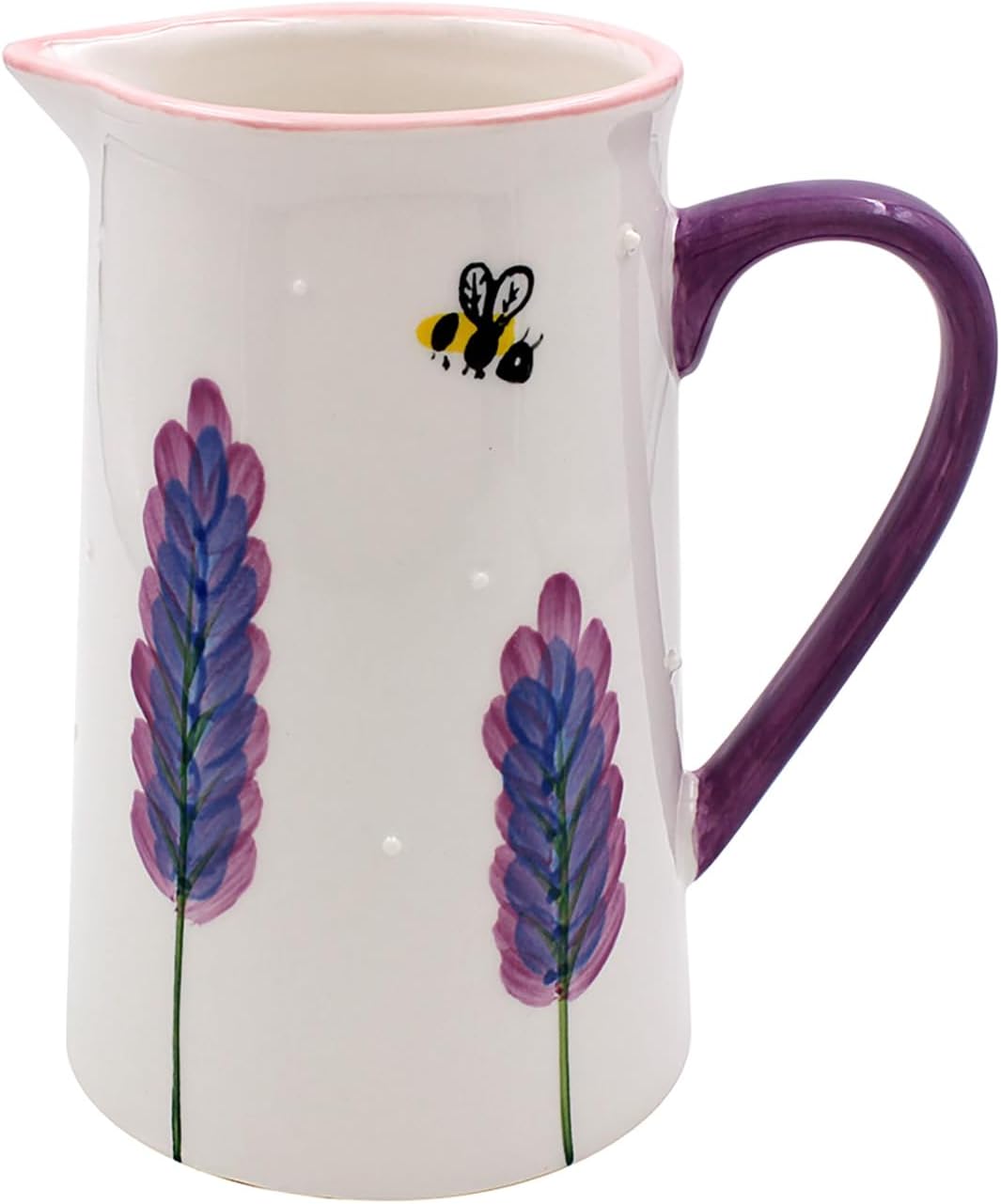 A white ceramic pitcher with a purple handle, a pink rim, and hand-painted purple lavender flowers and a small bee on the front.