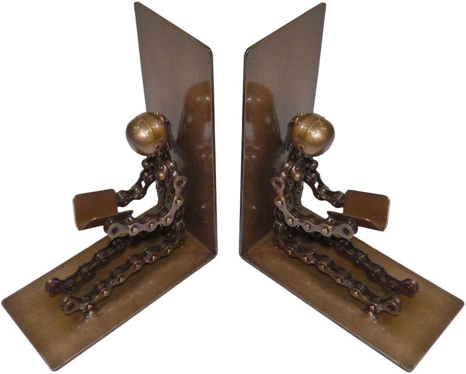 A pair of decorative metal bookends shaped like seated figures with chain-link legs and rectangular backs, shown on a plain white background.