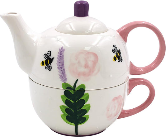 Tea for One Ceramic Teapot and Cup Set Rose and Bee Pattern